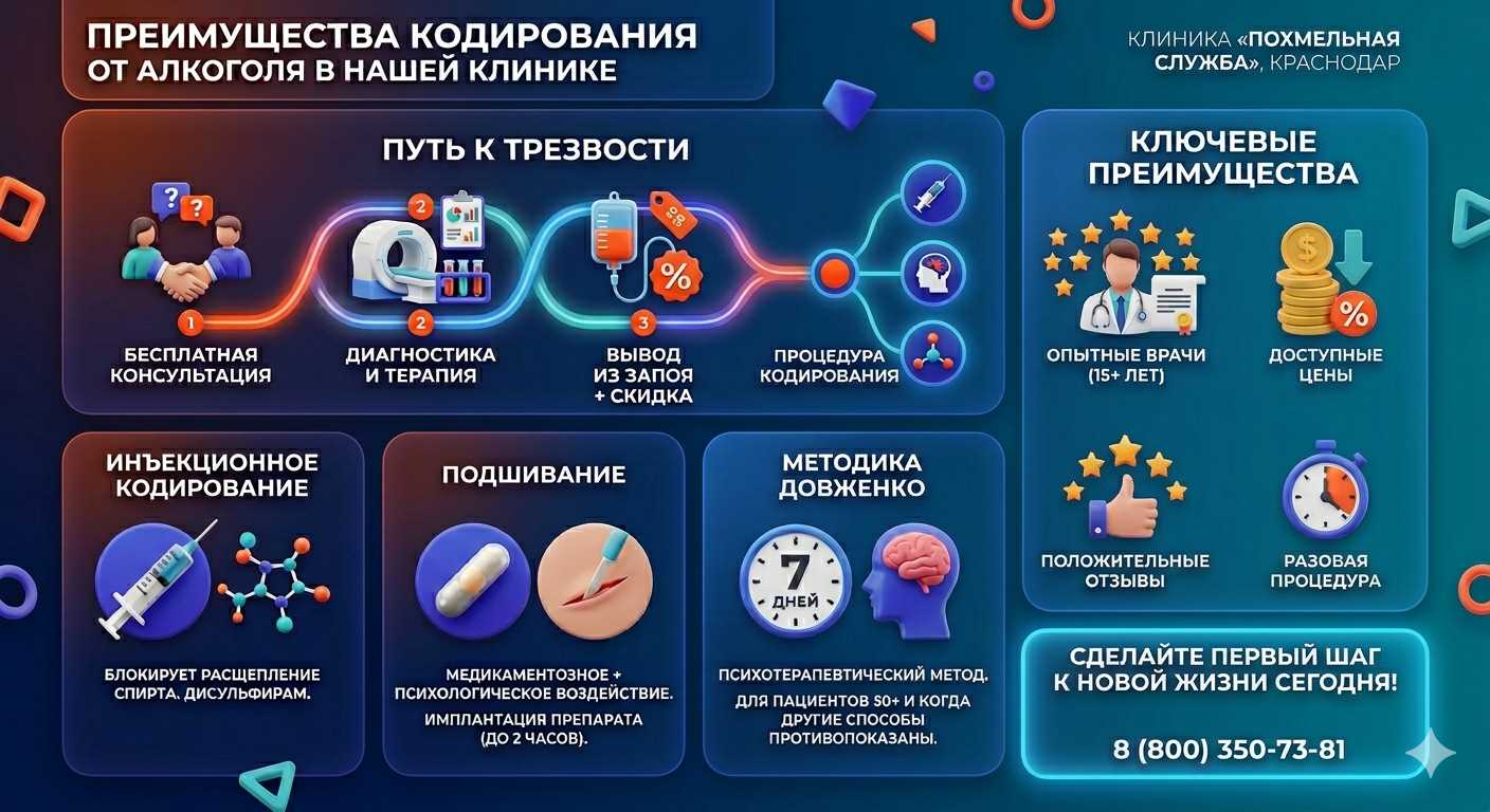 Инфографика о методах кодирования от алкоголя в Красном Сулине: инъекции, подшивание, метод Довженко. Преимущества клиники и этапы лечения.