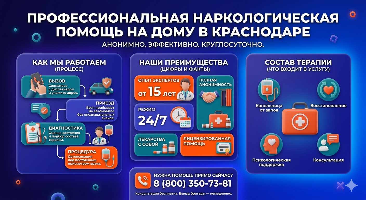 Инфографика о принципах лечения алкоголизма на дому в Красном Сулине: этапы вызова нарколога, преимущества анонимной детоксикации и состав медицинской помощи.